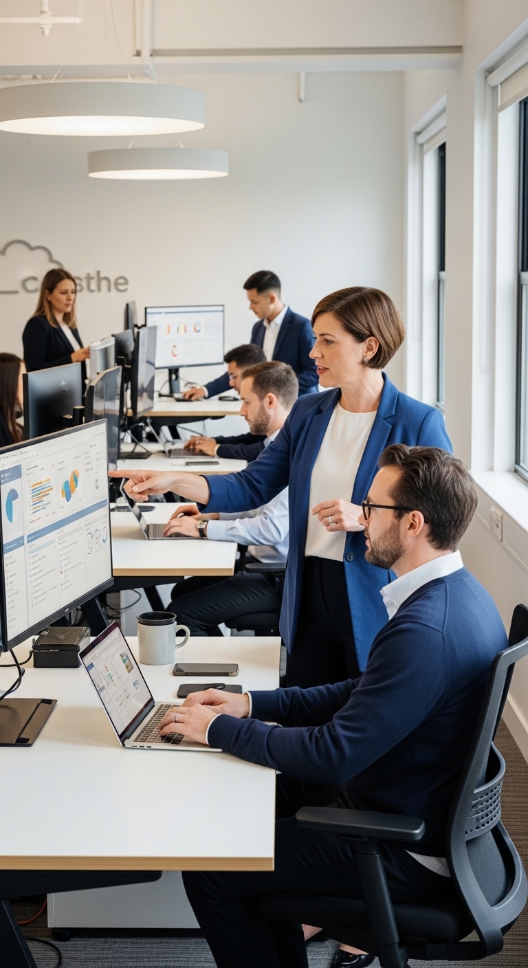 Modern office scene showing a digital dashboard that connects HR, payroll, and performance systems, with teams using cloud-based tools and real-time data.