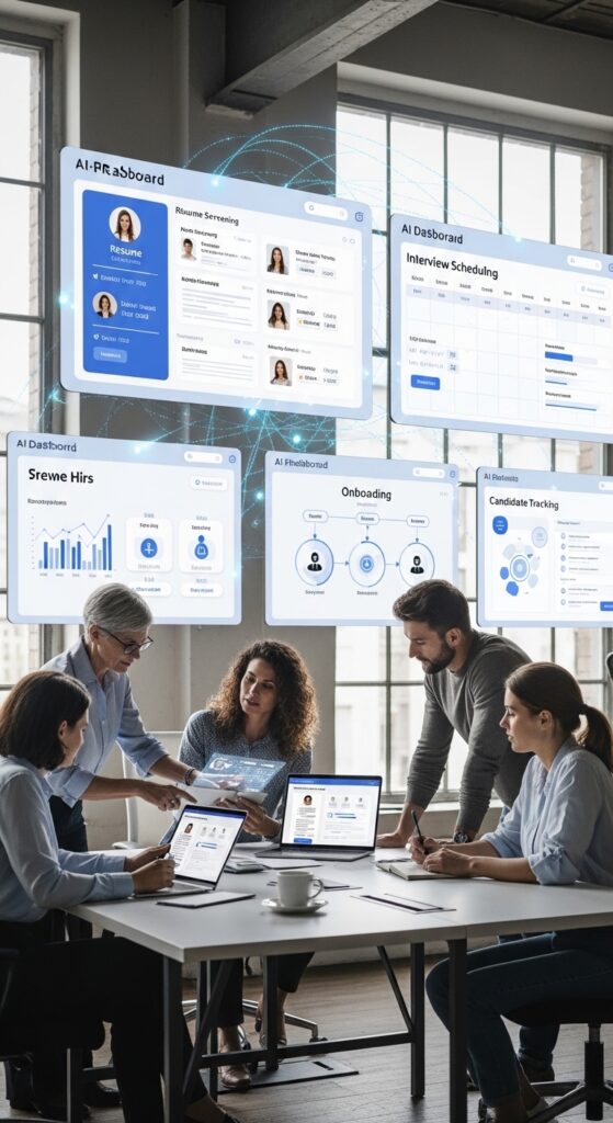 HR professionals reviewing AI-powered recruitment dashboards showing resume screening, candidate tracking, and onboarding workflows in a modern office.