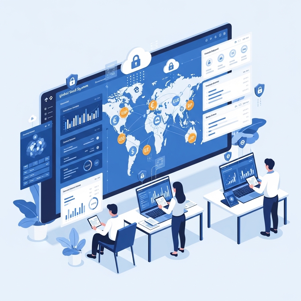 “Illustration of a cloud-based SaaS payroll system showing a global map connected to employee icons, digital dashboards displaying payroll calculations, tax automation, and multiple currency symbols, representing secure global payroll management and fintech HR technology.”