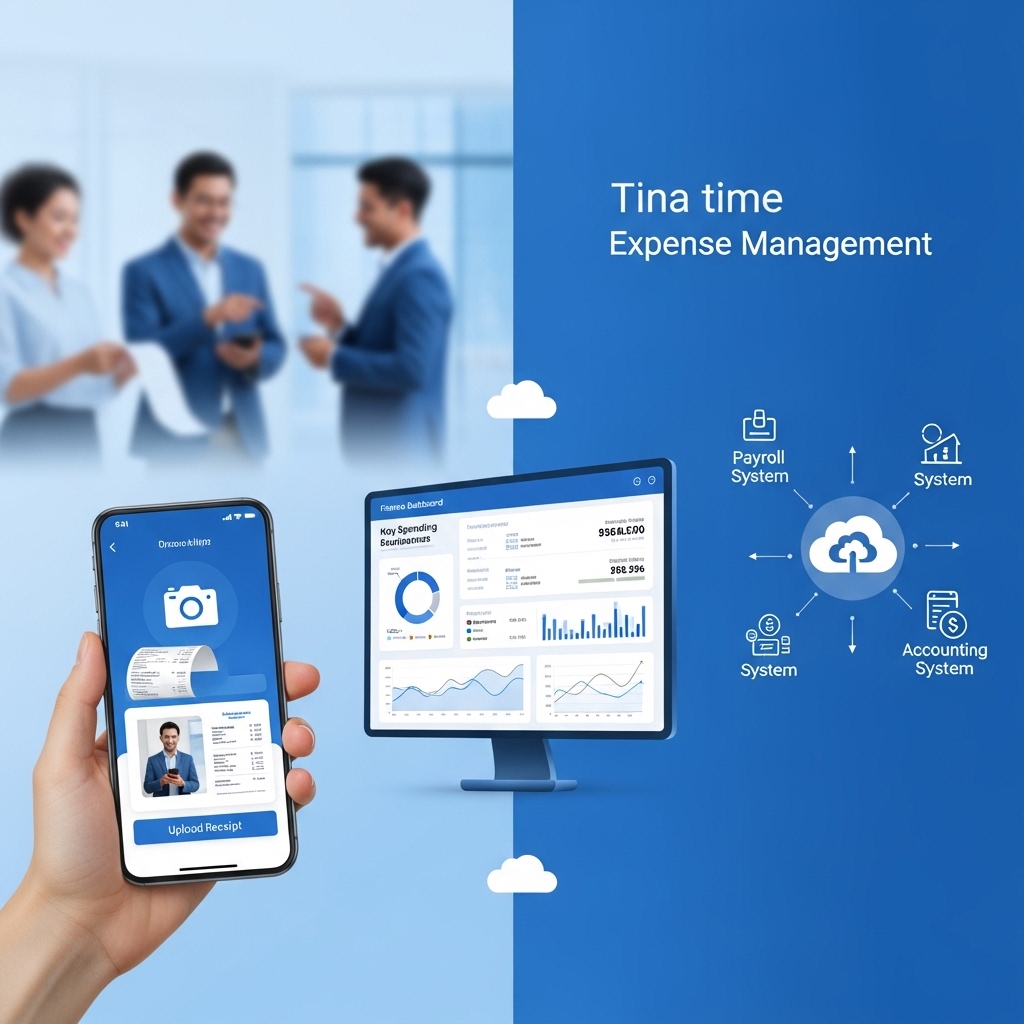 Illustration of expense management software where employees submit digital receipts and finance teams track real-time spending through integrated payroll and accounting dashboards.”