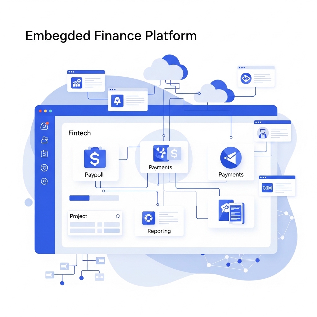 “Illustration of a fintech platform for startups showing embedded financial services like payroll funding, payments, and reporting integrated into a single business dashboard.”“Illustration of a fintech platform for startups showing embedded financial services like payroll funding, payments, and reporting integrated into a single business dashboard.”“Illustration of a fintech platform for startups showing embedded financial services like payroll funding, payments, and reporting integrated into a single business dashboard.”
