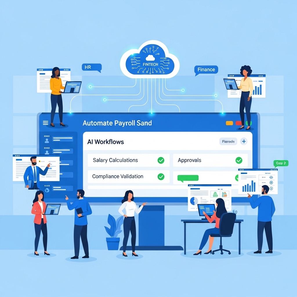 “Illustration of automated payroll software where smart workflows handle salary calculations, approvals, and compliance while HR and finance teams monitor real-time dashboards.”