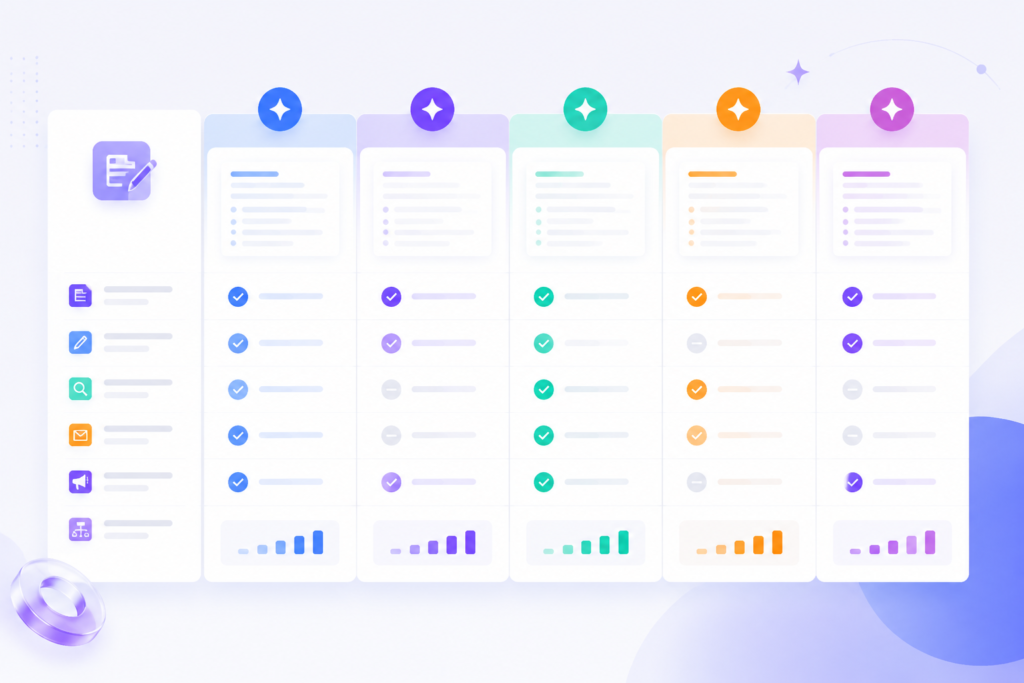 Comparison visual of AI writing software for blogs, copywriting, SEO content, and business writing 