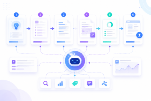 AI writing workflow showing idea generation, outline creation, drafting, editing, SEO optimization, and publishing 