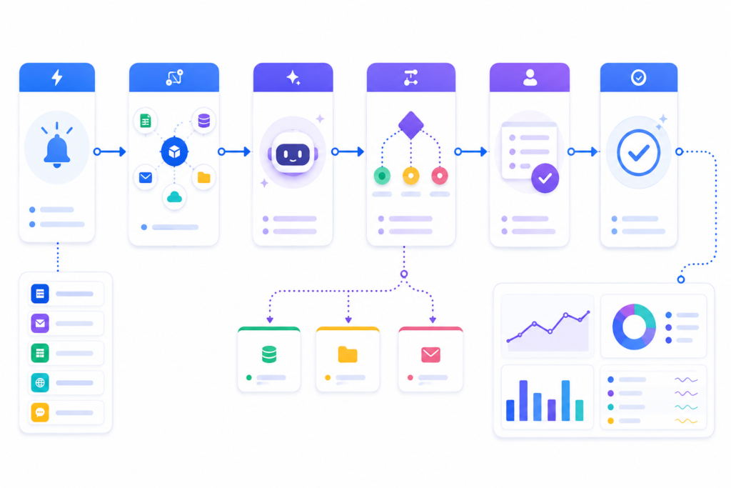 AI automation workflow showing triggers, app connections, AI decisions, human approval, and reporting