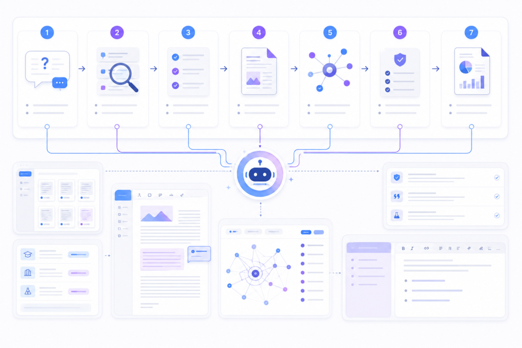 
 AI research workflow showing question planning, paper discovery, source analysis, citation checking, and research notes
