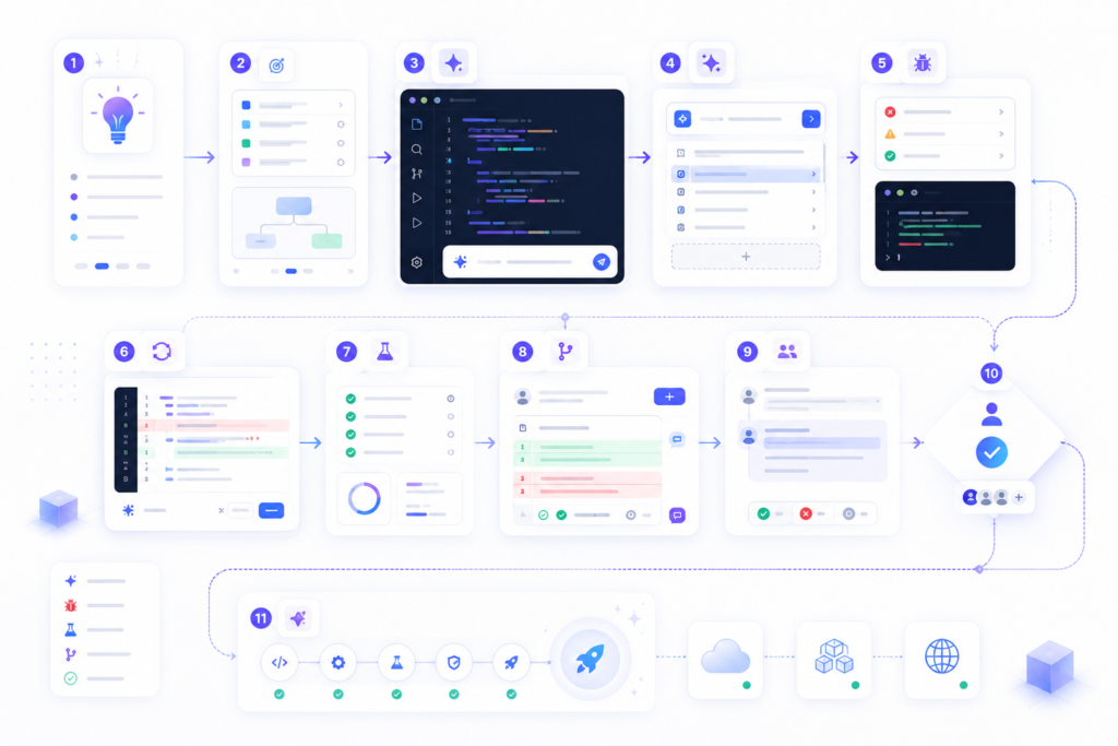 AI coding workflow showing code generation, debugging, testing, pull request review, and deployment