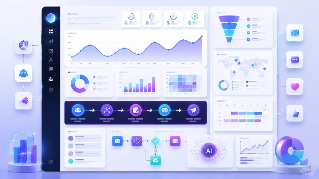 AI marketing tools dashboard showing campaign analytics, automation workflows, CRM insights, email marketing funnels, and social media optimization in a modern SaaS interface with clean blue and violet design