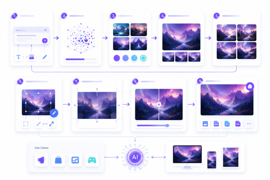 AI image generation workflow diagram showing steps from text prompt to AI image creation, style selection, refinement, and final export in a clean SaaS-style interface