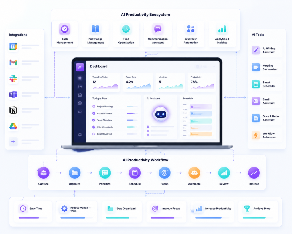 AI productivity ecosystem dashboard showing task management, scheduling automation, workflow optimization, AI assistants, analytics panels, and integrated productivity tools in a modern SaaS interface