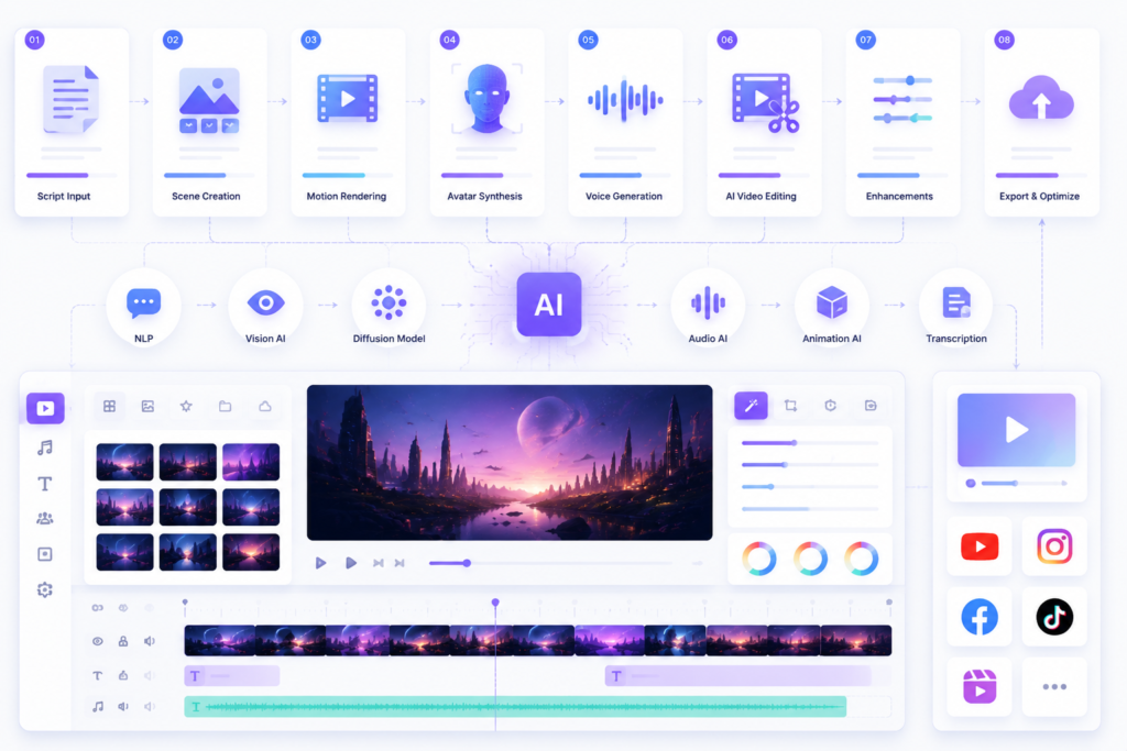 AI video creation workflow diagram showing step-by-step process from script input to scene creation, motion rendering, avatar generation, voice synthesis, video editing, and final export optimization in a clean SaaS-style interface