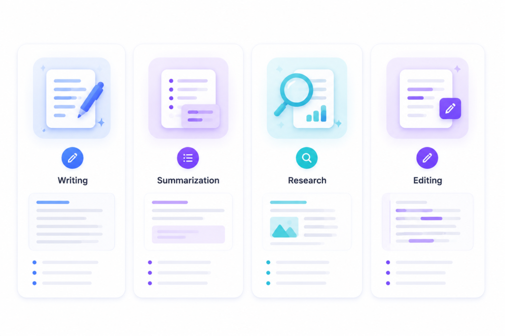 Claude AI features showing writing, summarization, research, and content editing capabilities 