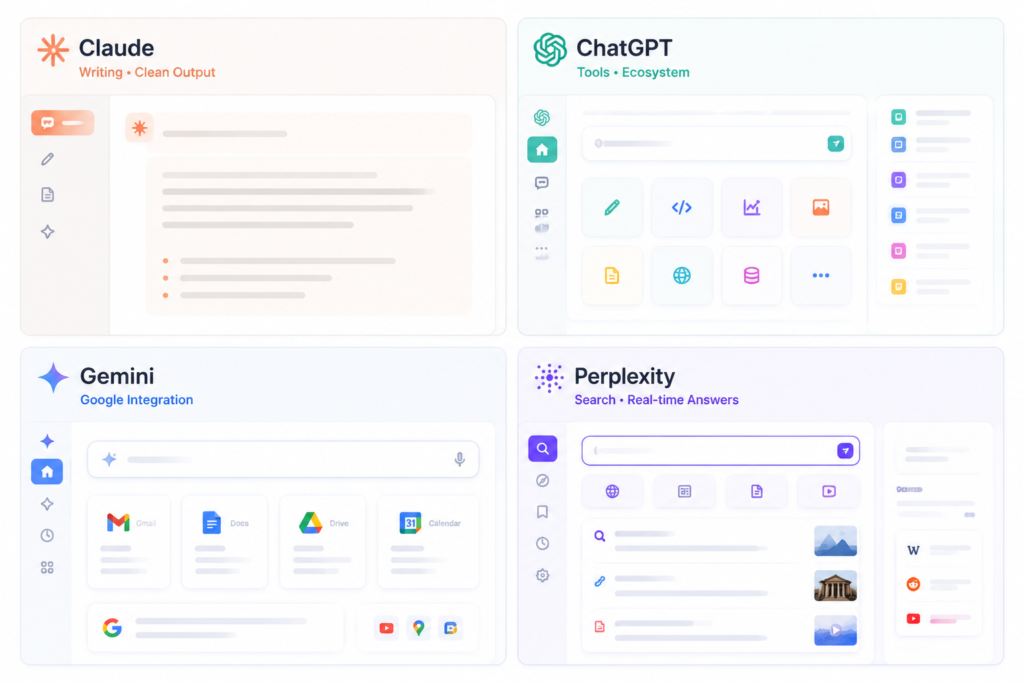 Comparison of Claude vs ChatGPT vs Gemini vs Perplexity AI tools for writing and research workflows 