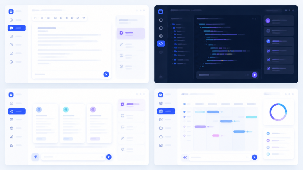 Split screen showing writing, coding, marketing, productivity 