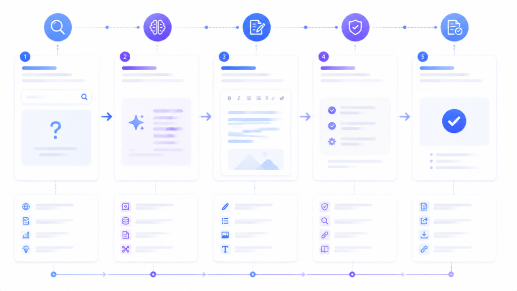 AI workflow diagram showing how Gemini supports research, summarization, writing, and productivity steps in a structured process 