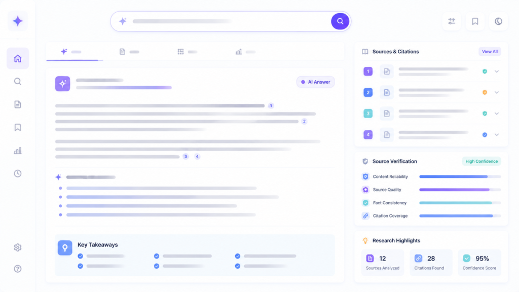 AI search interface showing citation-based answers with source cards and structured research results in a clean SaaS layout 