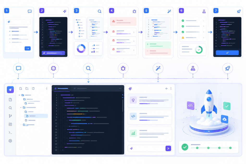 AI coding workflow diagram showing step-by-step software development process from prompt input to AI-generated code, debugging, and deployment 