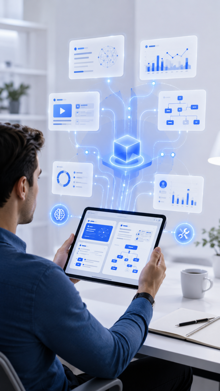 A business professional sits at a modern desk holding a tablet displaying AI dashboards and workflow diagrams. Floating digital interface panels show analytics, automation workflows, video content, and productivity tools connected through glowing blue data pathways. The clean white workspace and futuristic SaaS-style visuals represent AI learning, business automation, and digital transformation for modern organizations.