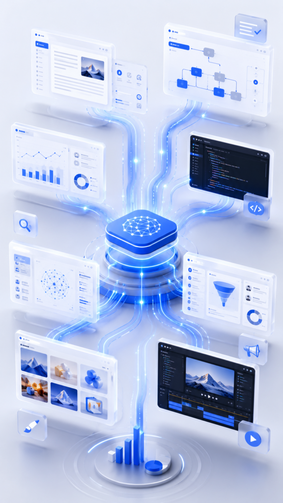 Enterprise AI ecosystem illustration featuring a central intelligent platform connected to multiple floating SaaS dashboards through glowing blue data streams. Surrounding interface panels represent content creation, workflow automation, SEO analytics, software development, research tools, digital marketing, image generation, and video production. Clean white and light gray corporate background with modern glassmorphism effects, analytics charts, workflow diagrams, productivity dashboards, and creative tools arranged in a structured network. Premium 3D technology visualization symbolizing interconnected AI software categories and business automation.