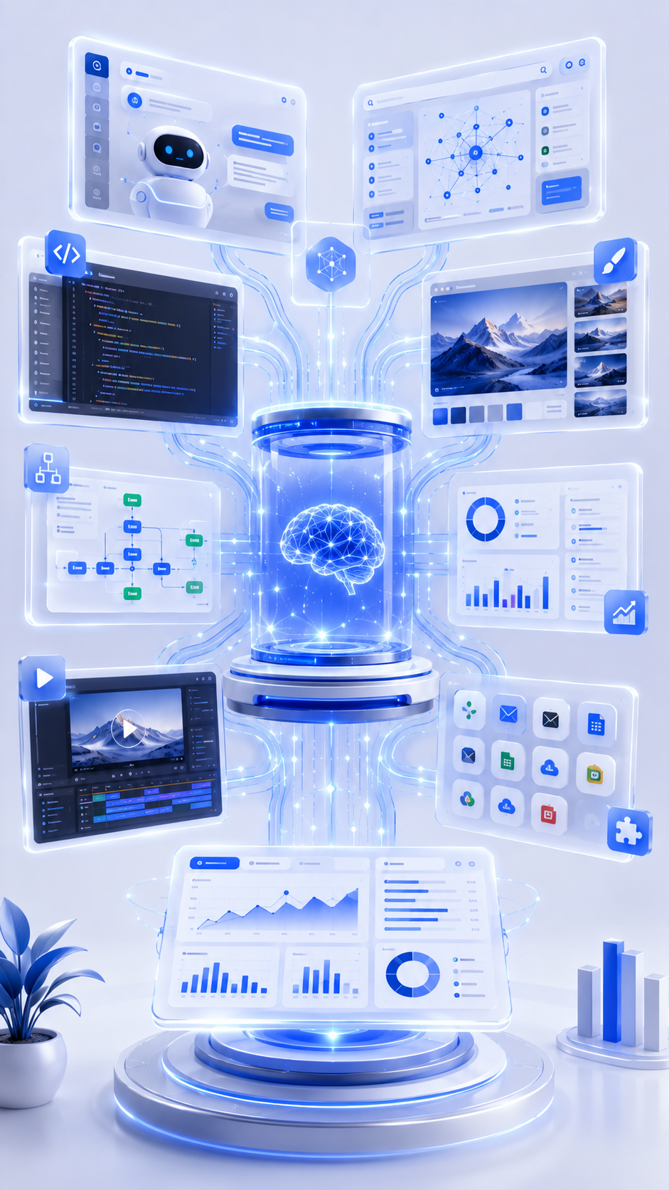 Enterprise AI software ecosystem featuring a central business intelligence hub connected to multiple AI-powered platforms through glowing blue data streams. Floating dashboards display automation workflows, research tools, coding environments, analytics interfaces, productivity systems, and creative applications within a clean SaaS-inspired technology environment. The illustration represents trusted AI software working together to improve business efficiency and decision-making.