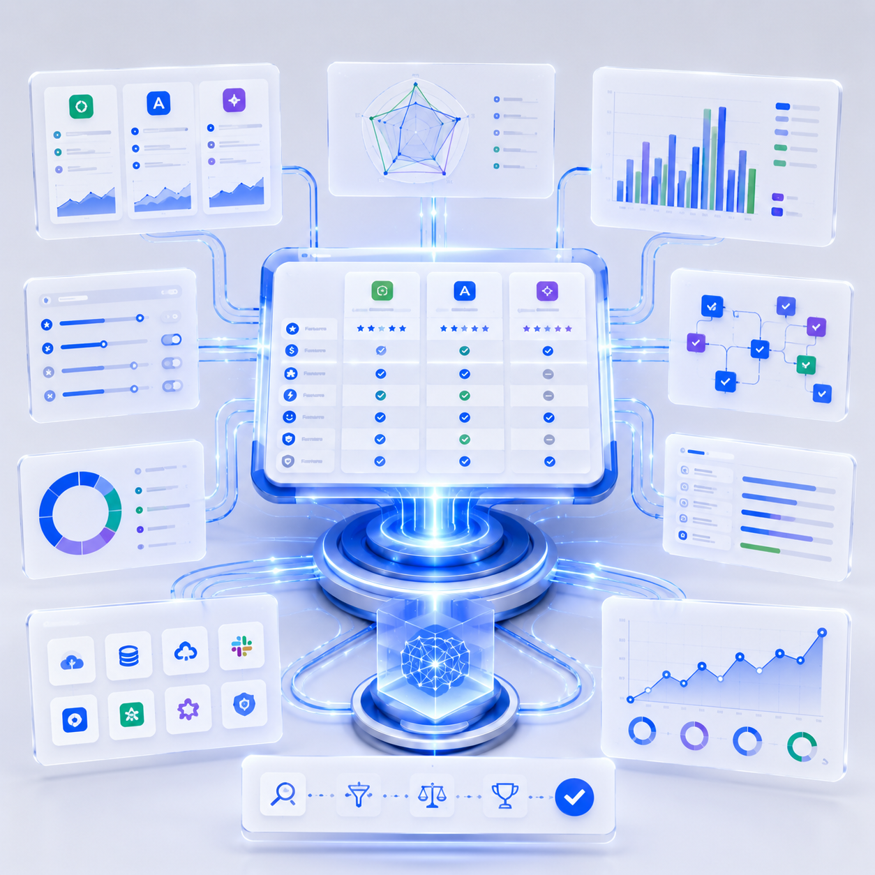 AI software comparison platform illustration featuring a central decision-making engine connected to multiple side-by-side evaluation dashboards through glowing blue data pathways. Floating SaaS interface panels display feature comparisons, performance benchmarks, workflow automation assessments, integration compatibility, analytics charts, ranking systems, and business intelligence metrics. The clean white and light gray 3D technology environment represents AI tool comparisons, software evaluation, and data-driven business decision-making.