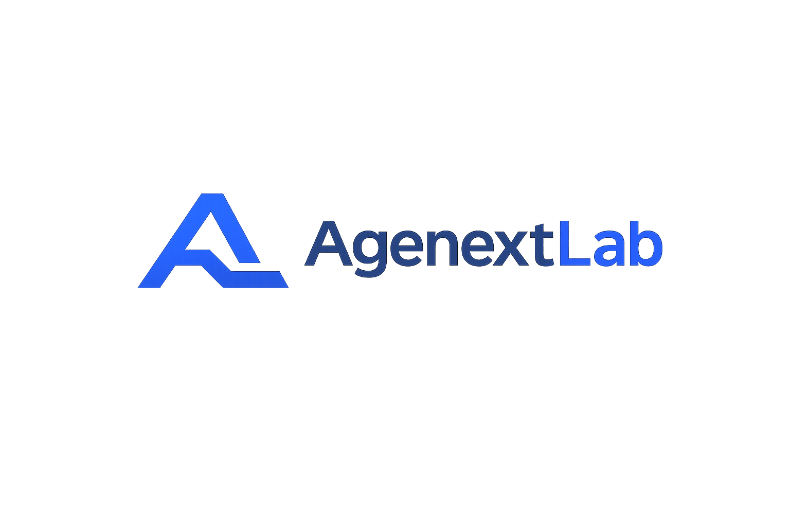AgenextLab logo featuring a minimalist, geometric monogram combining the letters 'A' and 'L' in bold gradient blue, next to the brand name 'AgenextLab' in modern sans-serif font, on a transparent background. Professional, clean, and technology-focused design suitable for SaaS and AI platform branding