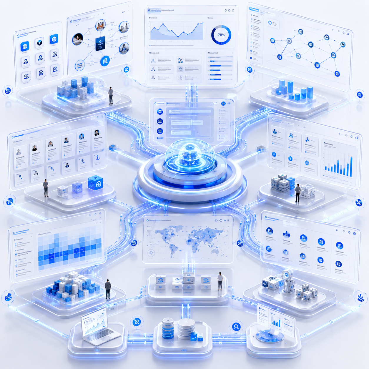 AI software alternatives platform illustration featuring a central recommendation engine connected to multiple alternative solution pathways through glowing blue data streams. Floating SaaS dashboards display software discovery tools, feature matching systems, migration workflows, compatibility assessments, and business productivity platforms within a clean 3D technology environment. The illustration represents exploring AI alternatives, replacement software, and business optimization opportunities.