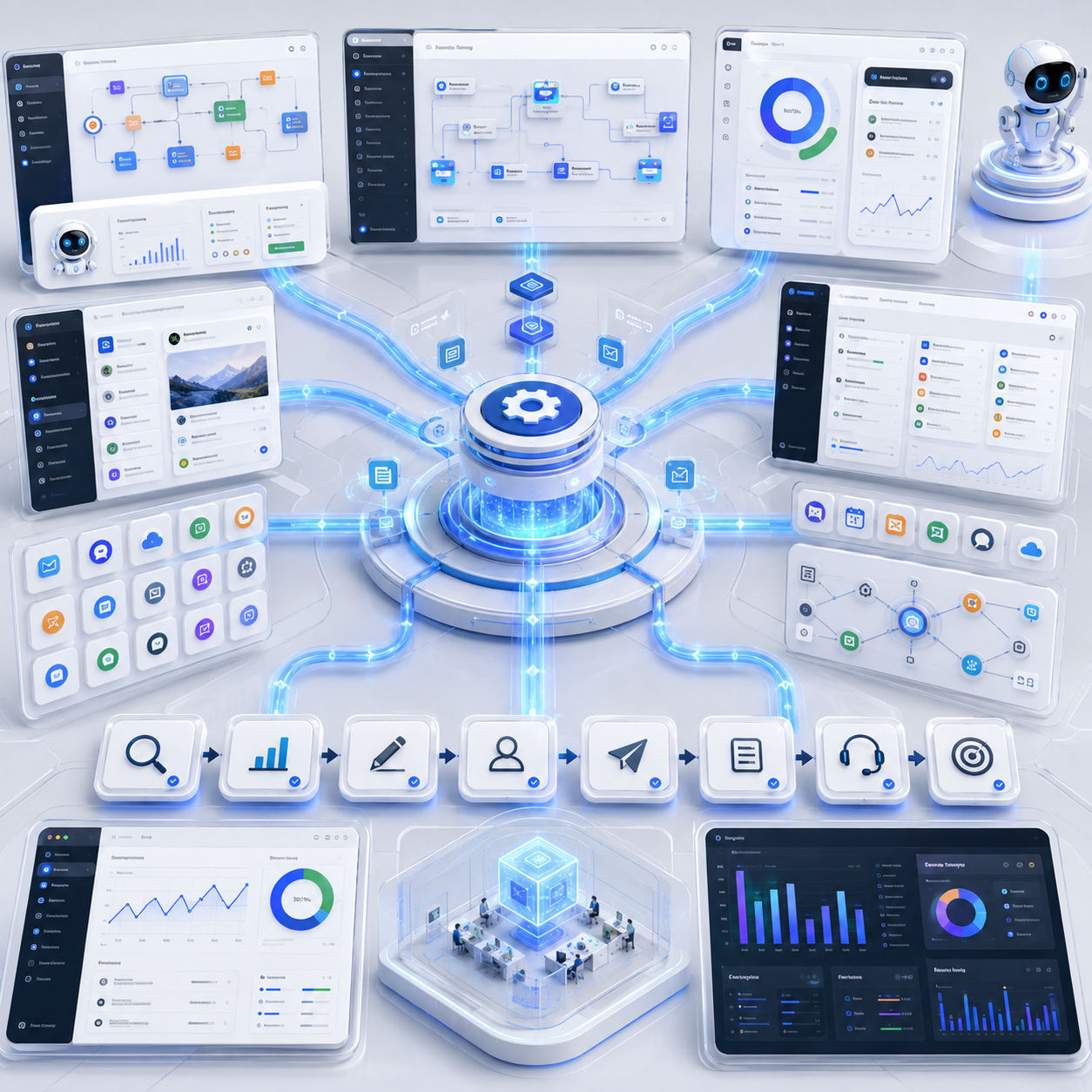 AI workflow automation illustration featuring a central orchestration platform connected to multiple business processes through glowing blue data pathways. Floating SaaS dashboards display content marketing, SEO optimization, lead generation, customer support, research, analytics, and reporting workflows. The clean 3D technology environment visualizes connected AI tools working together to automate business operations and improve productivity.