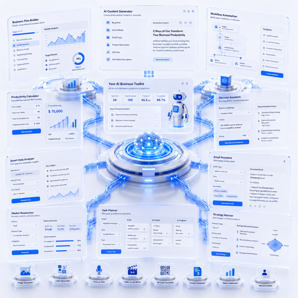 AI business utilities illustration featuring a central productivity hub connected to multiple free tools through glowing blue data pathways. Floating SaaS dashboards display prompt generation, workflow building, automation planning, content creation, business strategy, analytics, and productivity tools within a clean 3D technology environment. The illustration represents free AI-powered utilities that help businesses plan, create, automate, and improve efficiency.