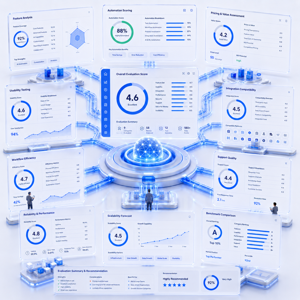AI software evaluation platform illustration featuring a central assessment engine connected to multiple review criteria through glowing blue data pathways. Floating SaaS dashboards display feature analysis, usability testing, integration assessments, automation scoring, pricing evaluation, scalability metrics, and performance benchmarks within a clean 3D technology environment. The illustration represents a structured methodology for reviewing and evaluating AI software for business use.