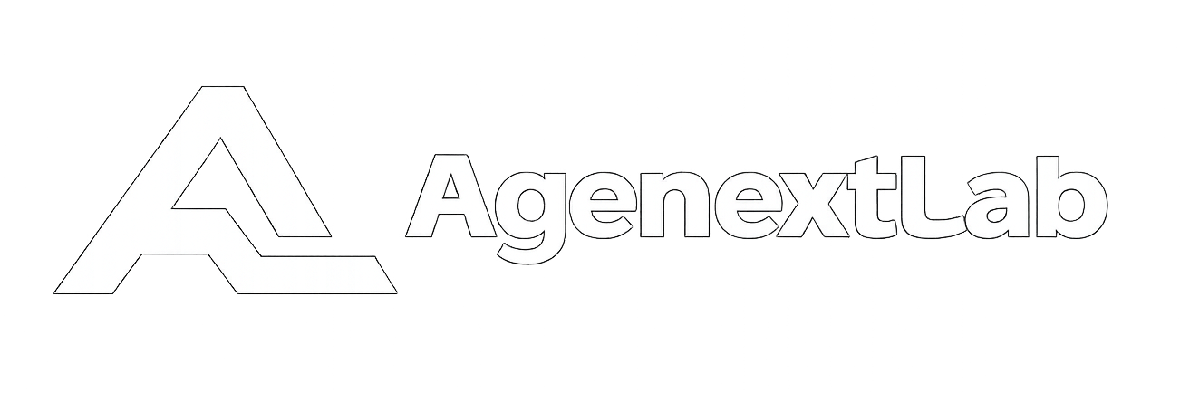 AgenextLab logo featuring a minimalist, geometric monogram combining the letters 'A' and 'L' in bold gradient blue, next to the brand name 'AgenextLab' in modern sans-serif font, on a transparent background. Professional, clean, and technology-focused design suitable for SaaS and AI platform branding