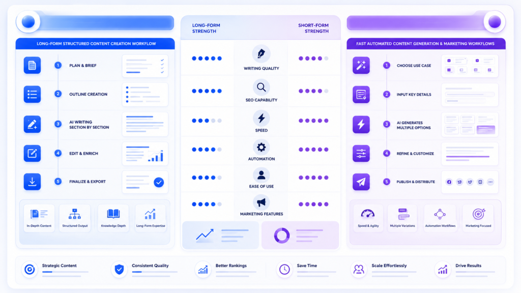  AI dashboard comparison showing Jasper and Copy.ai differences in SEO writing, automation, speed, and content quality. 