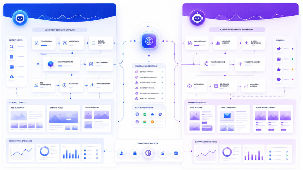  Workflow illustration showing Jasper used for SEO blogs and Copy.ai used for ads, emails, and marketing automation. 