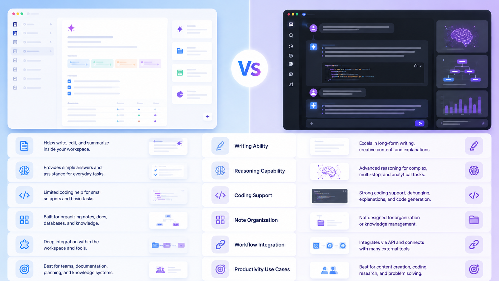  AI productivity comparison dashboard showing Notion AI vs ChatGPT differences in writing, reasoning, coding, and workspace organization. 
