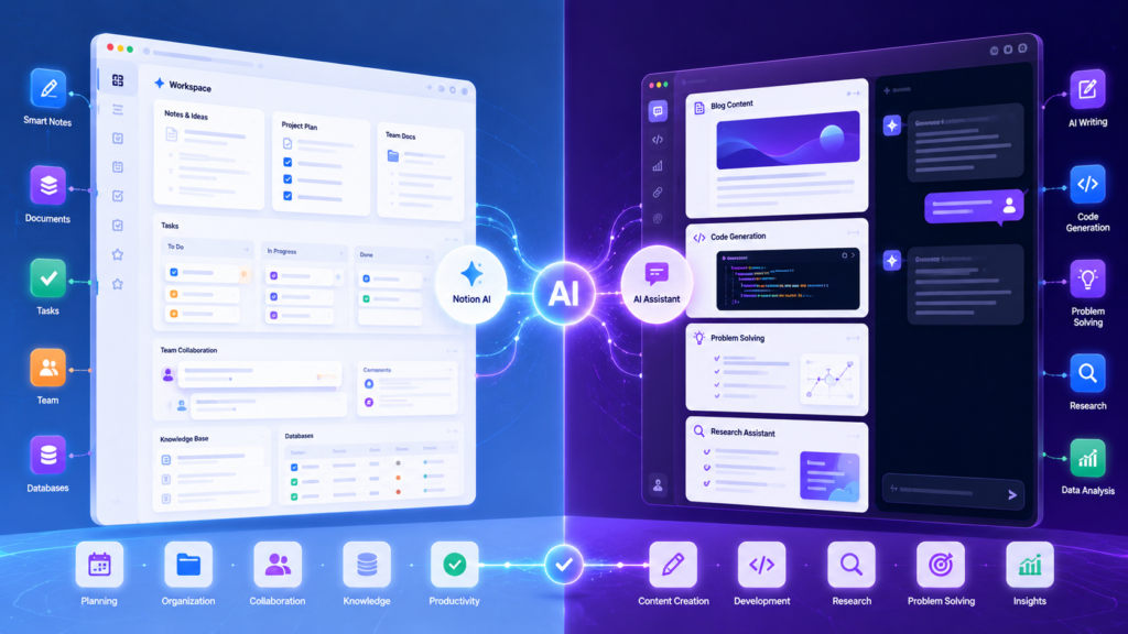  Workflow illustration showing Notion AI used for workspace productivity and ChatGPT used for writing, coding, and AI assistance tasks. 