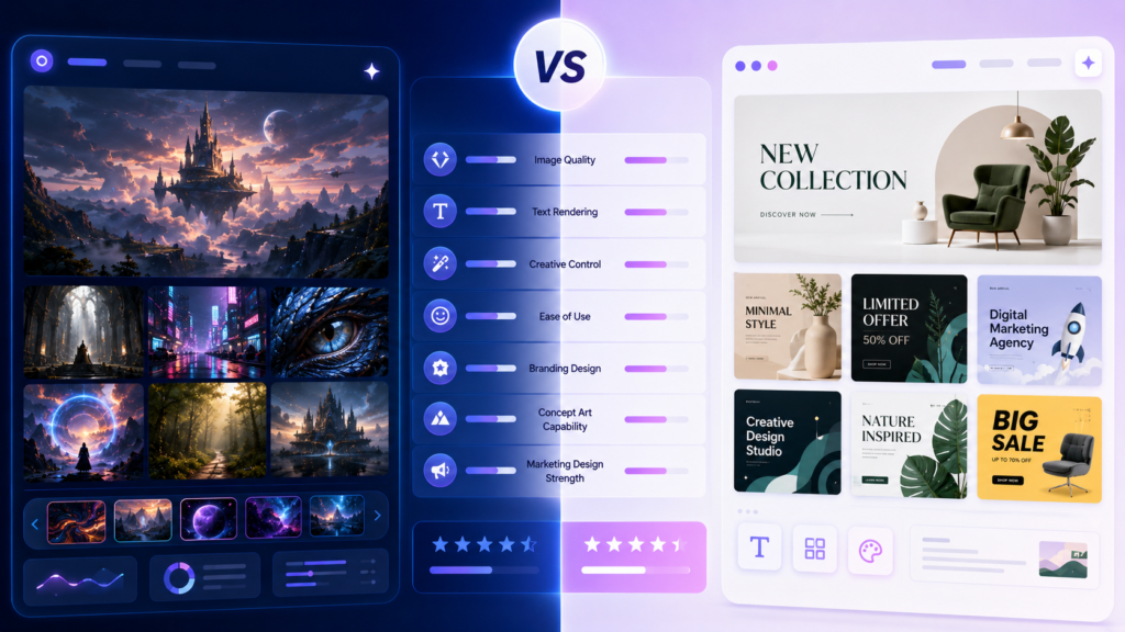 AI comparison dashboard showing Midjourney vs Ideogram features including image quality, creativity, text rendering, and marketing design capabilities.