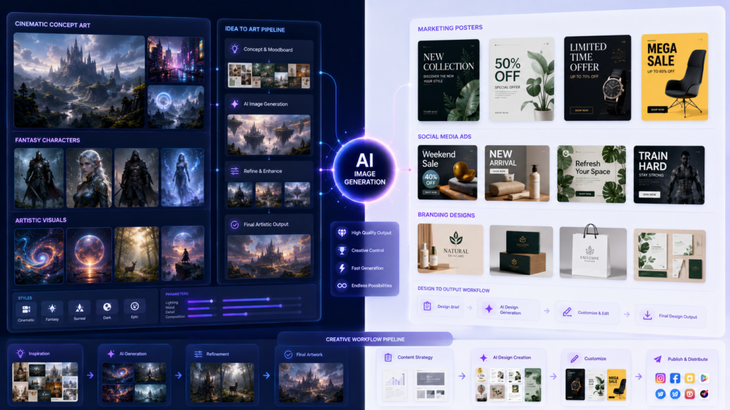  Workflow illustration showing Midjourney used for cinematic art creation and Ideogram used for marketing posters and branding design.