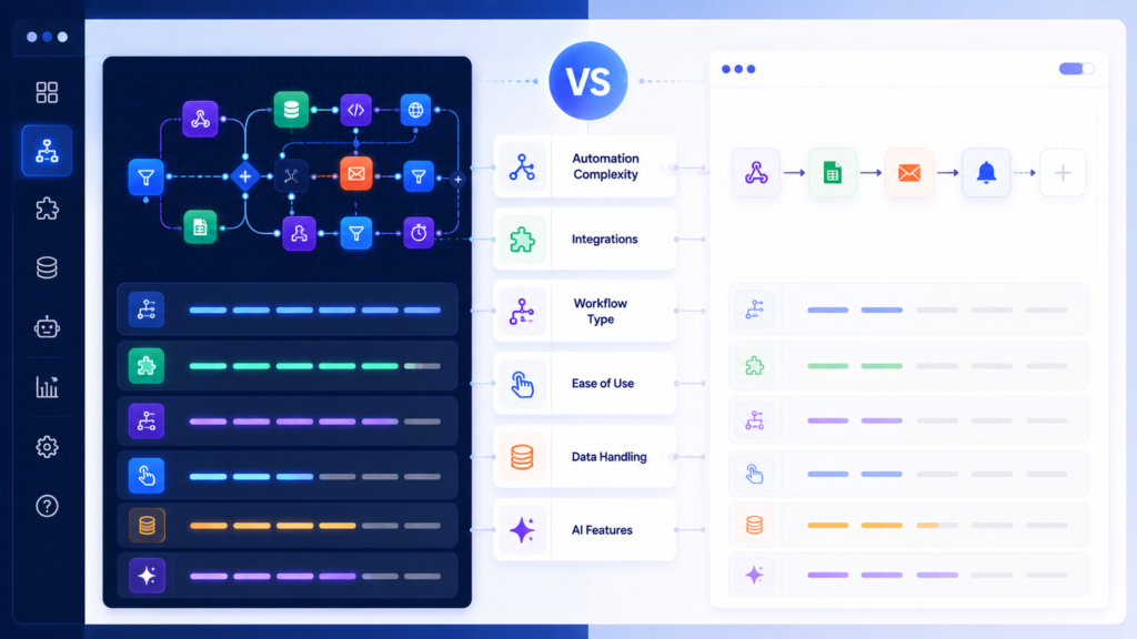 Make vs Zapier comparison showing visual workflow automation versus simple trigger-action automation in a modern SaaS interface.